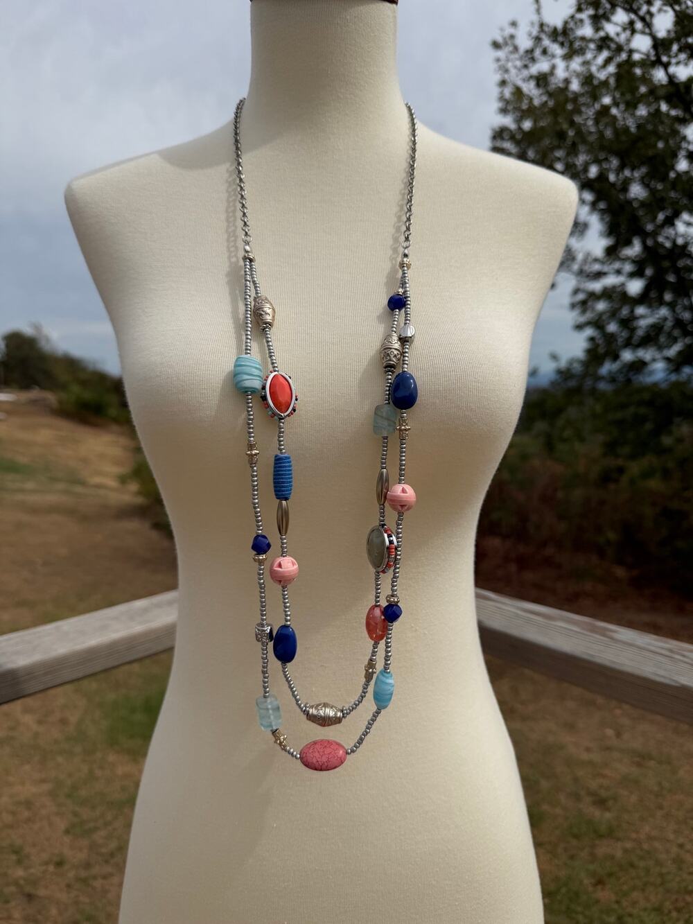 Chico's Multi-Strand Long Beaded Boho Statement Necklace Multicolor Silver Tone